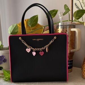 Karl Lagerfeld Paris Maybelle Satchel in black & pink with heart charms
